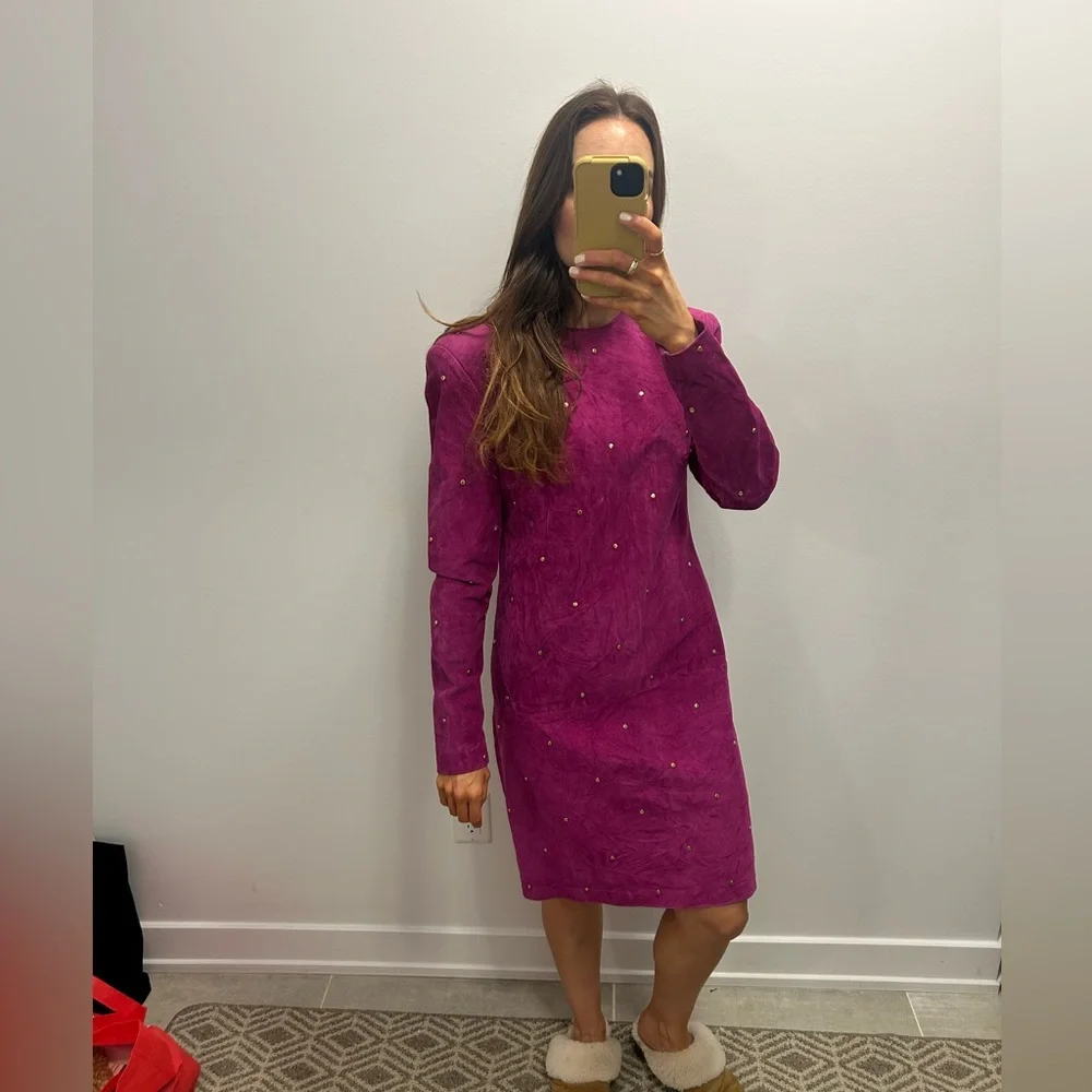 Vintage Daniel Leather Long Sleeve Fuchsia Suede Shift Dress with Stud Detail - Picture 13 of 13